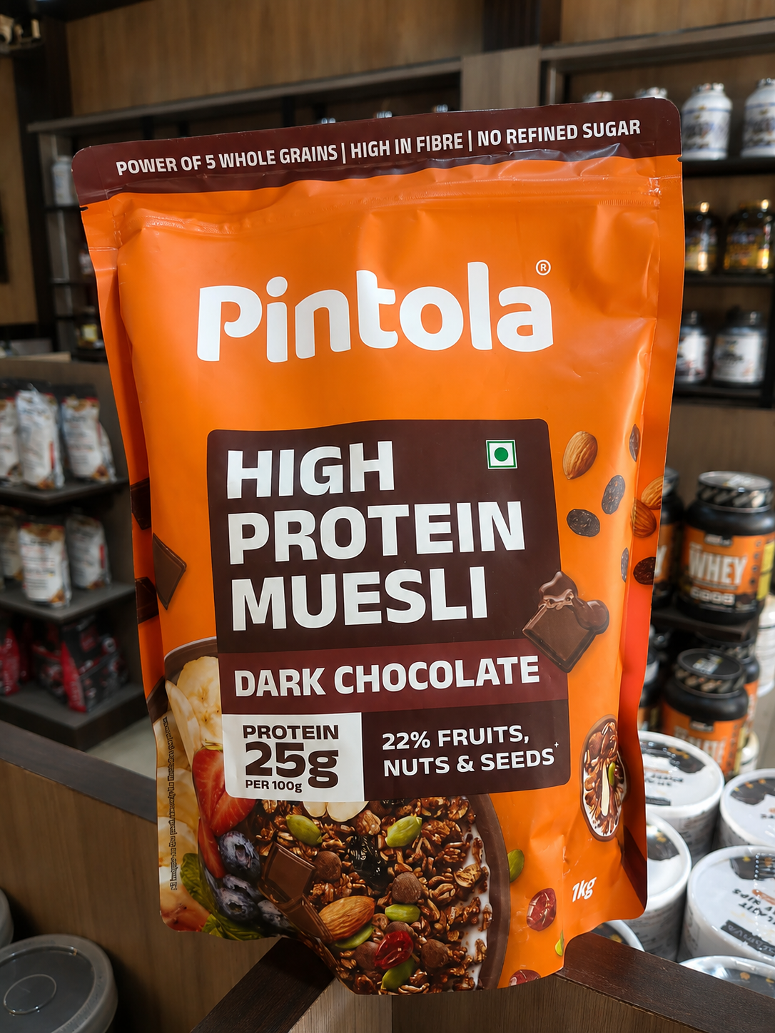 Pintola High protein museli /Dark choclate 22% Fruits , nuts & Seeds /25 g protein per 100 g